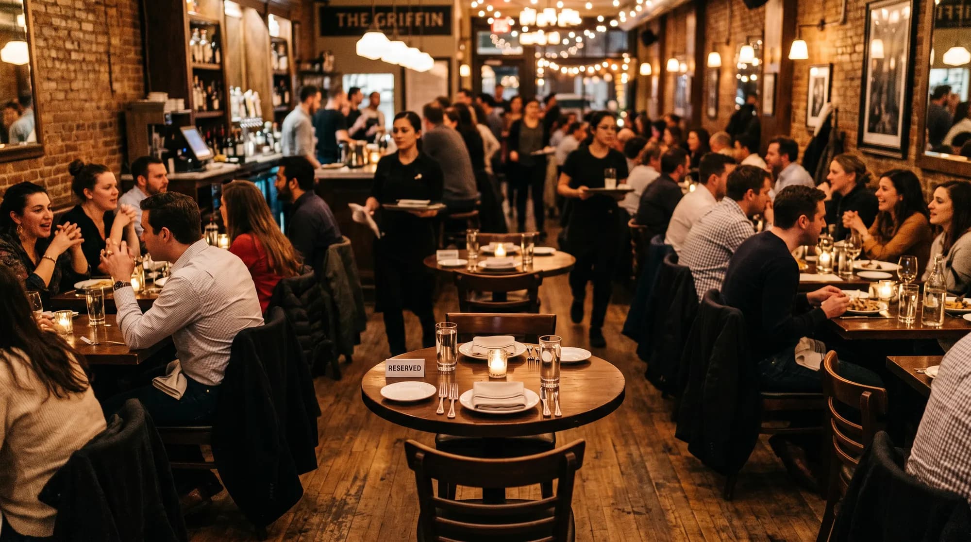Table marquée « Réservé » restée vide au milieu d’une salle de restaurant comble