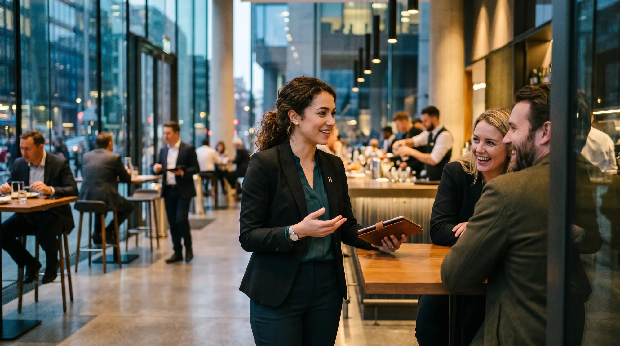 Hôtesse échangeant avec une clientèle internationale dans un restaurant moderne